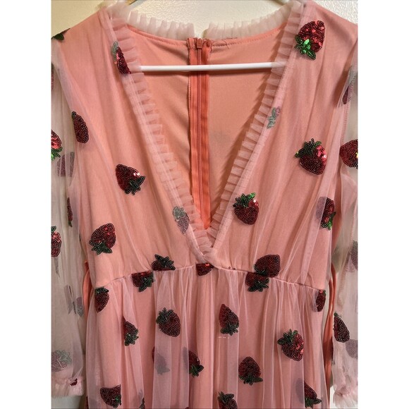 Handmade Regency Era Bridgerton Dress Large Strawberry Sequins Lace Maxi Pink - Picture 4 of 10